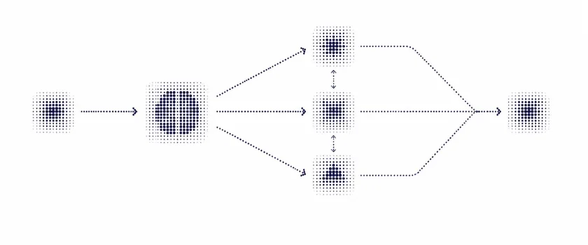 Dotted Illustration eines vernetzten KI-Agentensystems