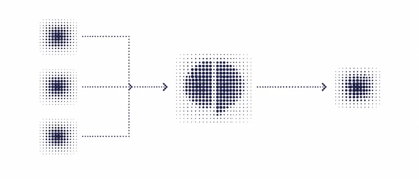 Dotted Illustration eines Workflows mit zentralem KI-Schritt